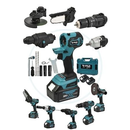 Assur Plus Hilti + Budama + Darbeli Matkap + Taşlama + Somun Sıkma 5'li Set - Mavi