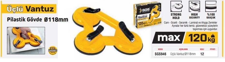 SGS PLASTİK ÜÇLÜ CAM VANTUZU 50KG  SGS 946